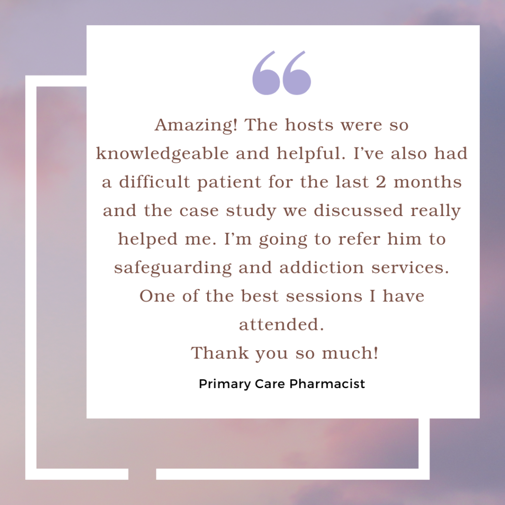 Improving inhaler technique webinar feedback. Text image wording: "Amazing! The hosts were so knowledgeable and helpful. I've also had a difficult patient for the last 2 months and the case study we discussed really helped me. I'm going to refer him to safeguarding and addiction services. One of the best sessions I have attended. Thank you so much! Primary Care Pharmacist. 